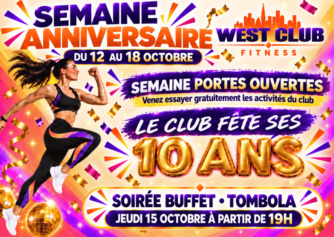 Affiche des 10 ans du West Club avec semaine portes ouvertes du 12 au 18 octobre et soirée buffet tombola le 15 octobre