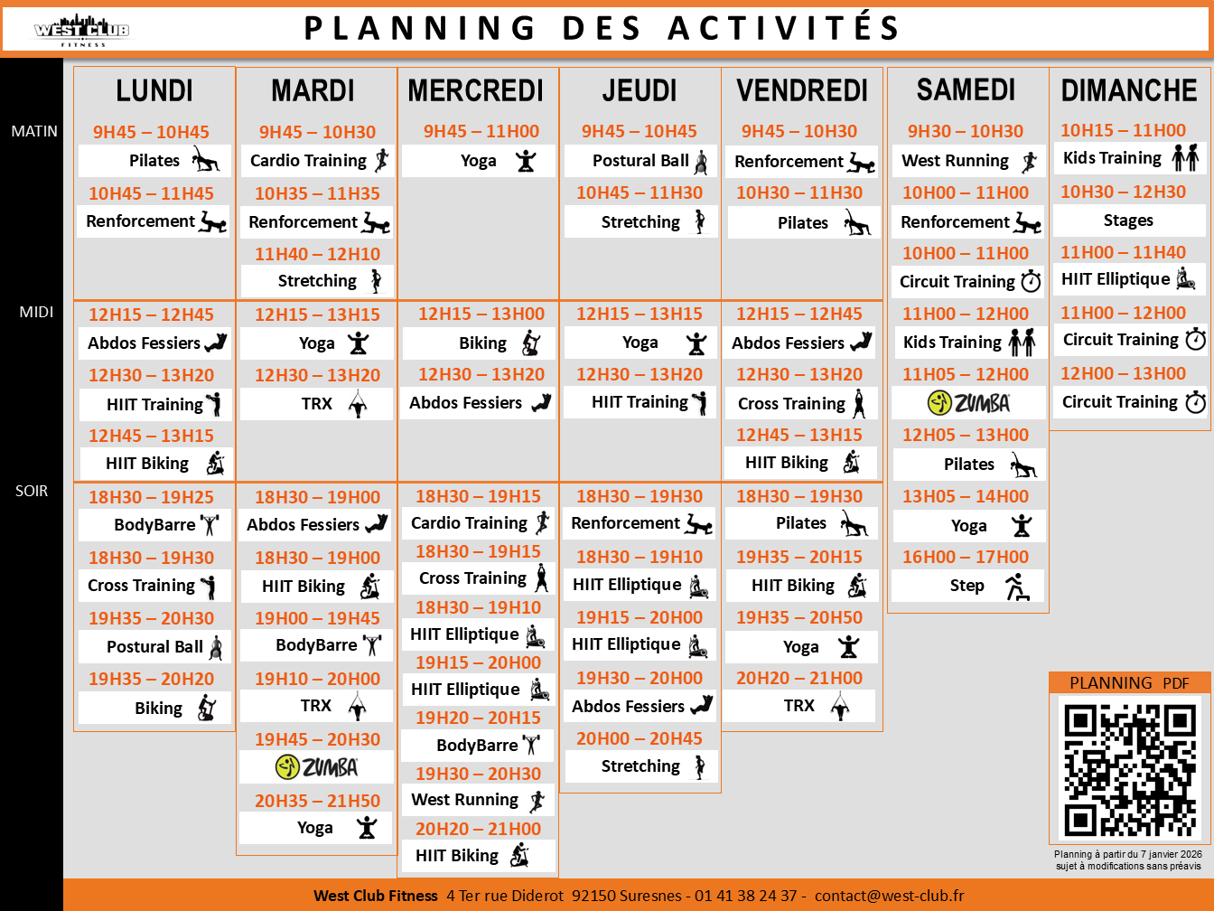 Planning des cours West Club Fitness Suresnes